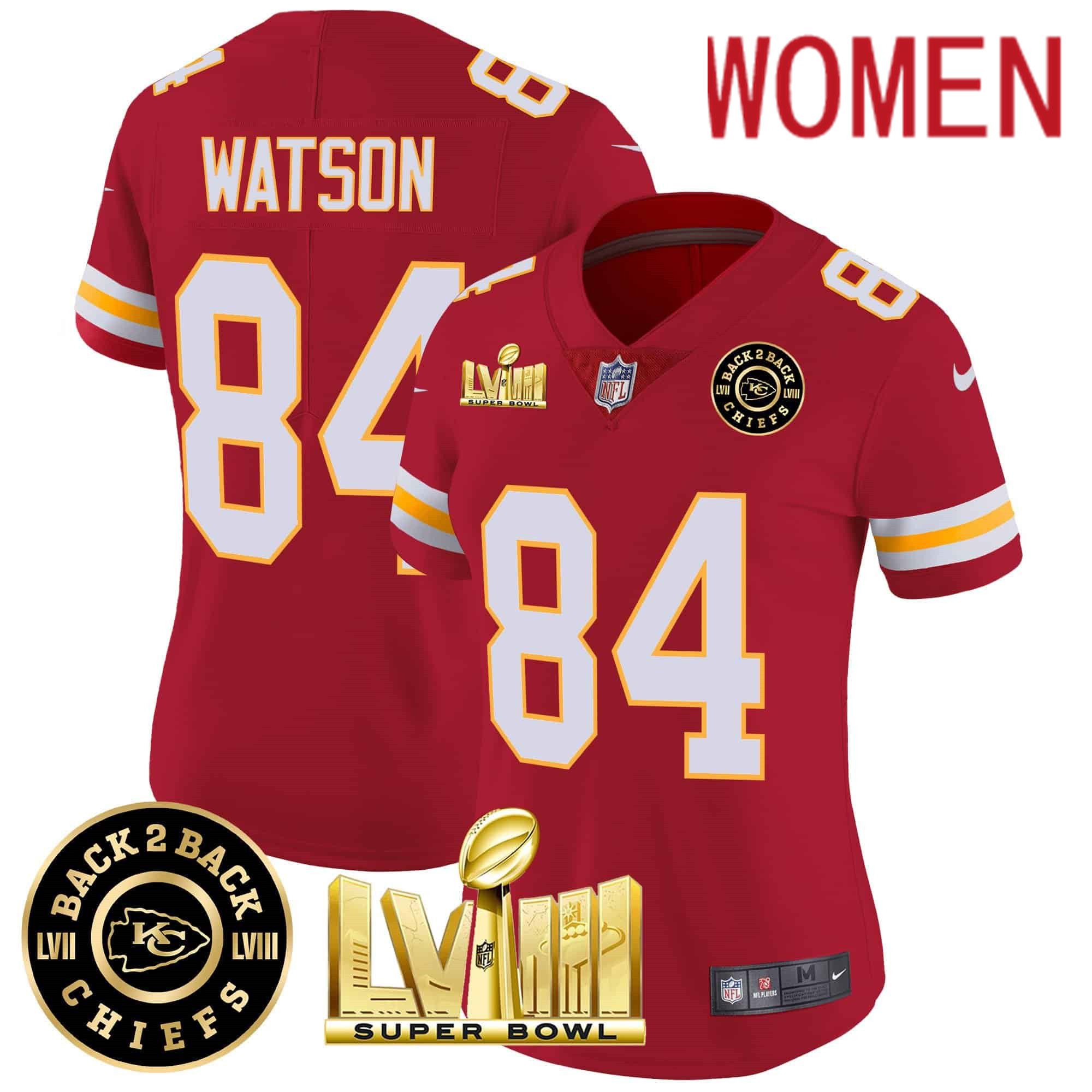 Women Kansas City Chiefs 84 Watson Red 2024 Nike Super Bowl LVIII & Back 2 Back Patch Vapor NFL Jersey style 3